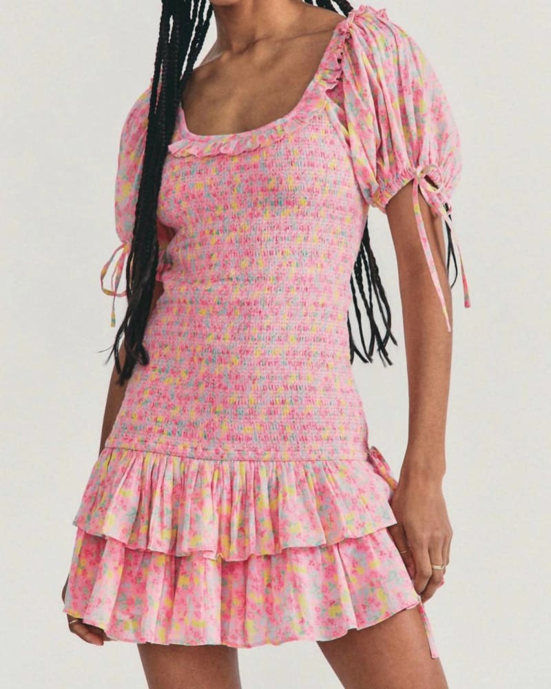 Front of a model wearing a size Large Violet Mini Dress In Melon Punch in Melon Punch by LoveShackFancy. | dia_product_style_image_id:355846